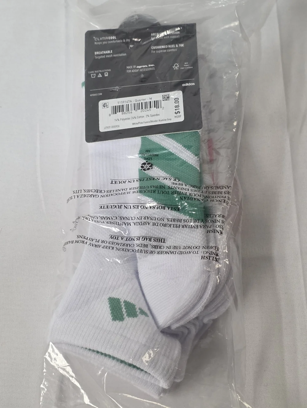 adidas All Day Training 3 Pack Quarter Athletic Climacool Socks Shoe Size 5-10
